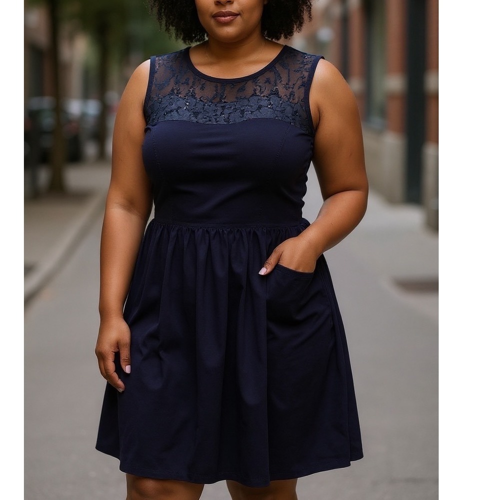 eShakti Navy Blue Lace Fit and Flare Dress Cap Sleeve Size 8 M HOCO Event